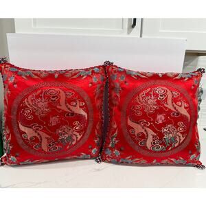 Chinese Dragon Phoenix Red Satin Pillow Cover Set of 2 Asian Chinoiserie 17.5"